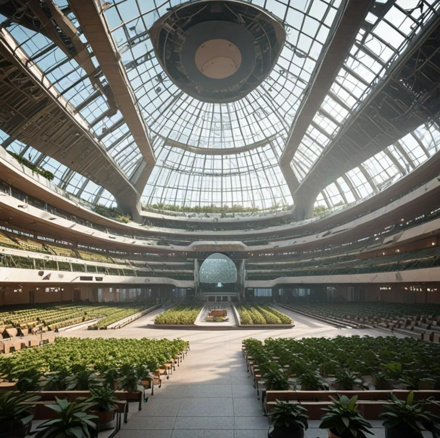 Futuristische Kuppelhalle mit Pflanzenbeeten und mächtiger Glasarchitektur