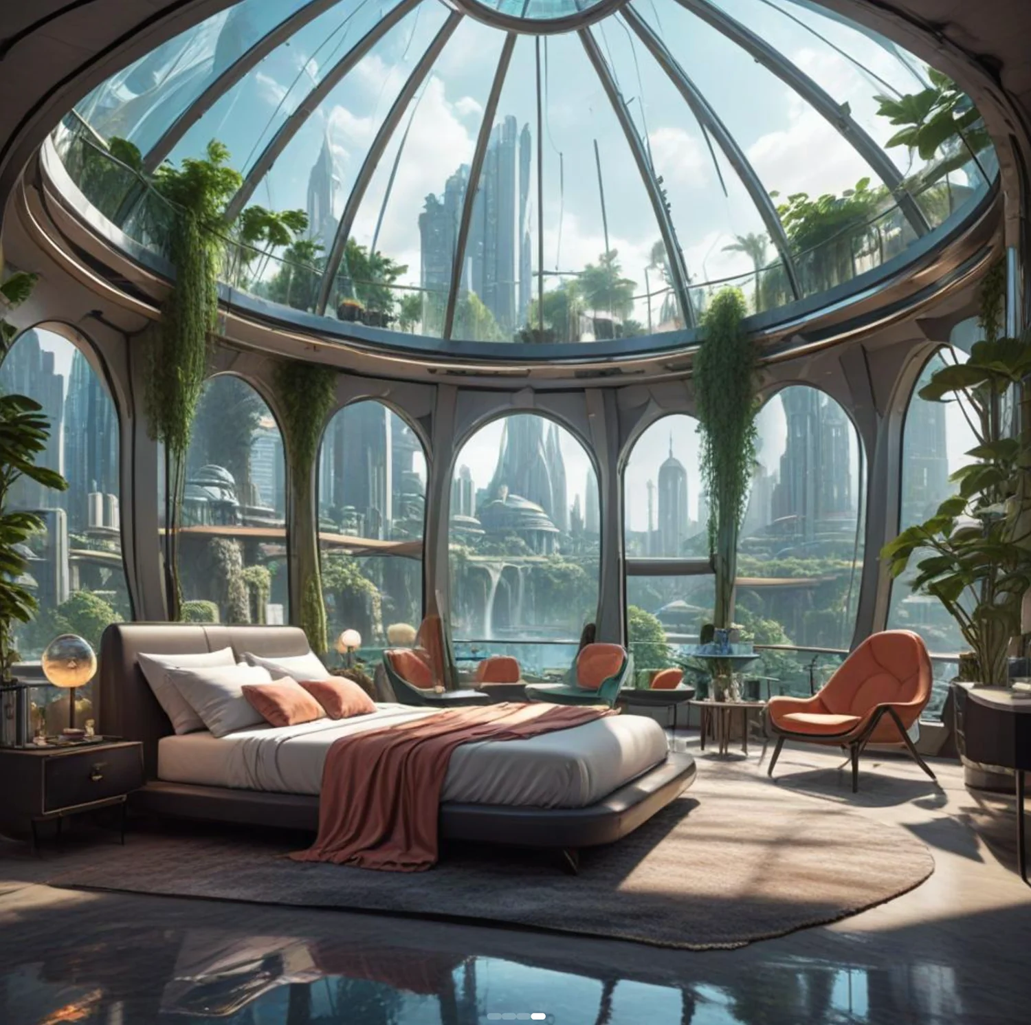 Futuristischer Wohnraum mit gläsernem Kuppeldach und grüner Stadt